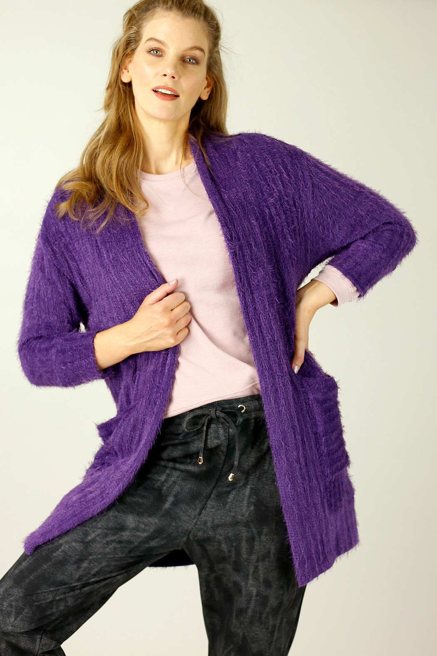 Purple Eyelash Knit Relaxed Cardigan Motto