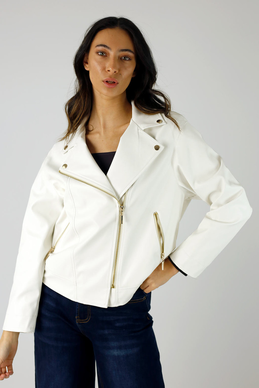 Off White Pearl Vegan Leather Mid Biker Jacket Womens Jackets Motto