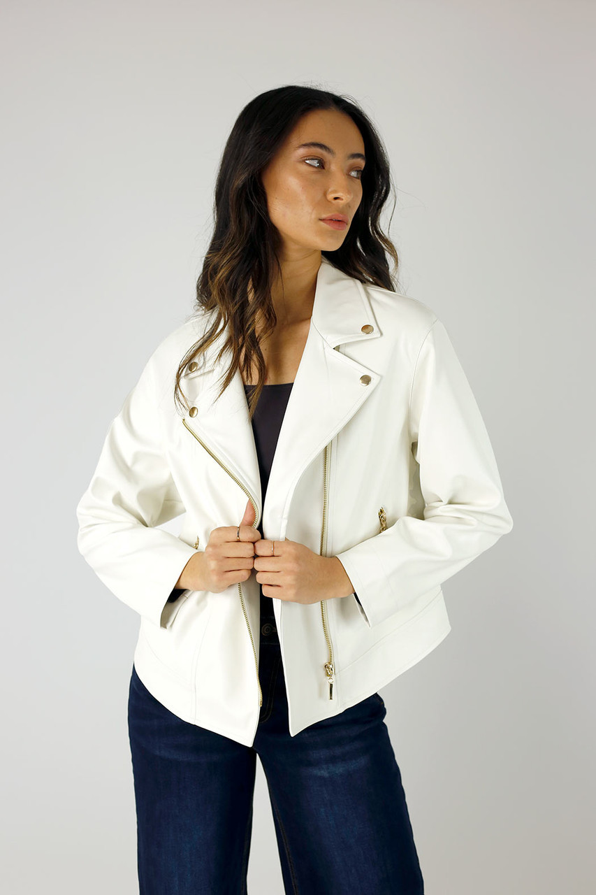 Off White Pearl Vegan Leather Mid Biker Jacket Womens Jackets Motto