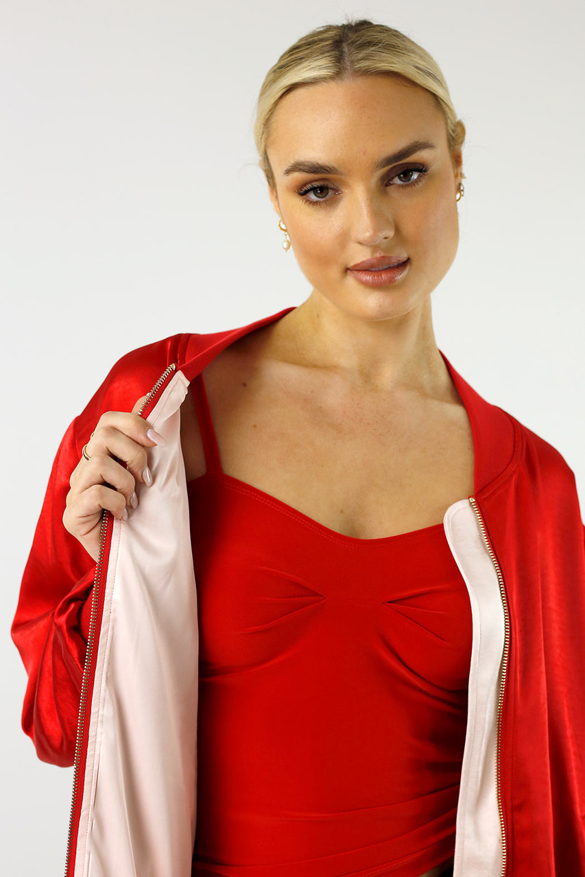Red Satin Bomber Jacket Women's Jackets Motto Fashions