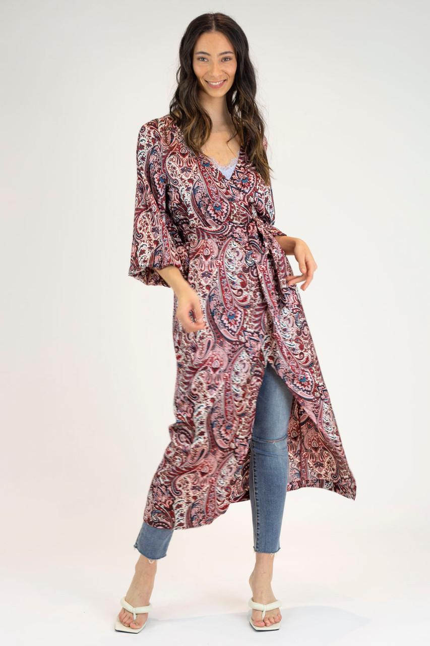 Red Paisley Silky Wrap Dress Women's Dresses Motto Fashions