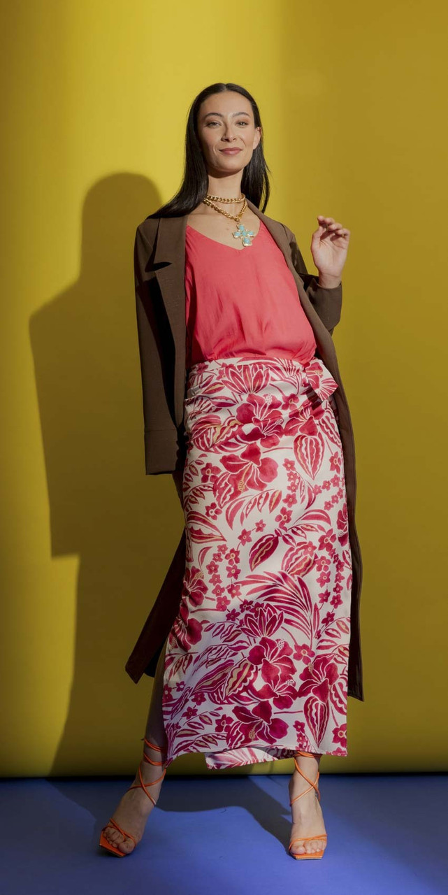 OI - DEC - Coral Cami and Red Print Skirt