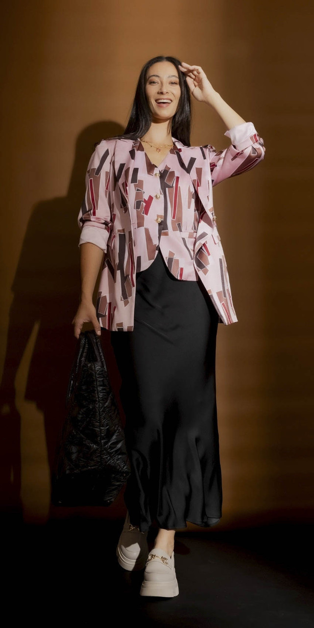 OI - JAN - Pink Shapes Vest with Black Bias Skirt