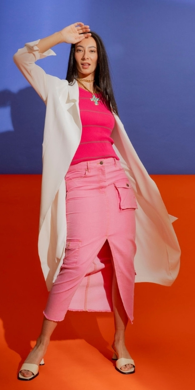 OI - White Euro Trench Coat and Pink Cargo Skirt
