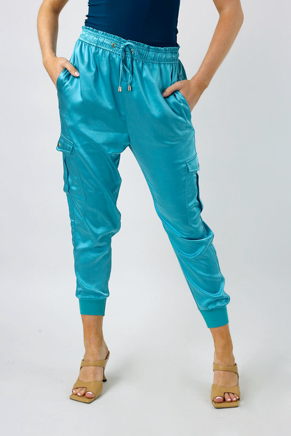 Teal Satin Cargo Pants –