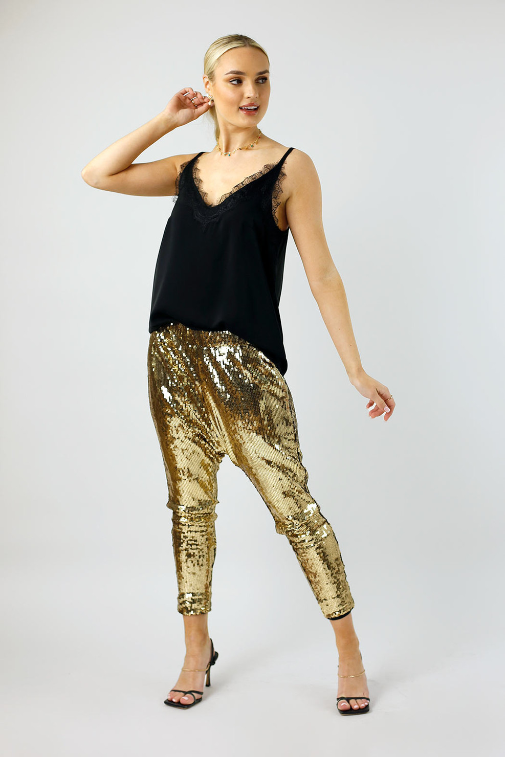 Gold Sequin Droppie  Women's Pants - Motto Fashions