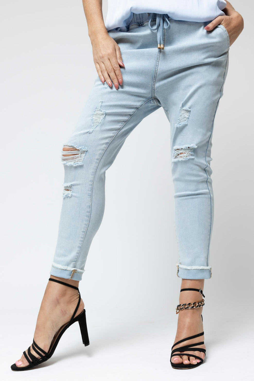 Pale Denim Distressed Drawstring Jeans | Women's Pants - Motto Fashions