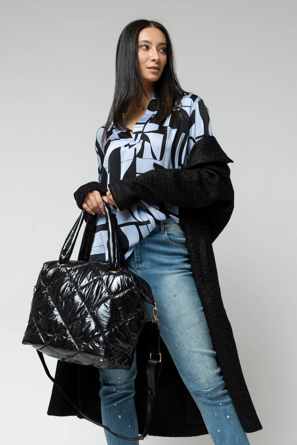 Black Quilted Tote Bag | Women's Pants - Motto Fashions