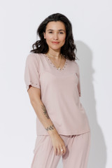Pink Tencel V-Neck Stud T-Shirt