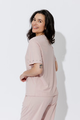 Pink Tencel V-Neck Stud T-Shirt