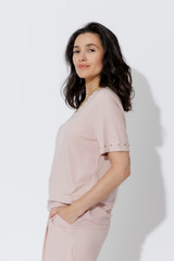 Pink Tencel V-Neck Stud T-Shirt