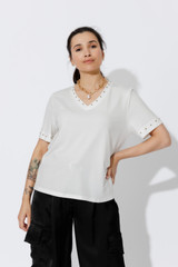 White Tencel V-Neck Stud T-Shirt
