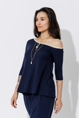 Navy Tencel Contrast Off Shoulder Top