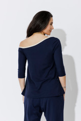 Navy Tencel Contrast Off Shoulder Top