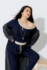 Navy Tencel Contrast Off Shoulder Top