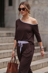 Soft Chocolate Tencel Contrast Off Shoulder Top