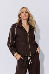 Chocolate Washed Linen Bomber Jacket