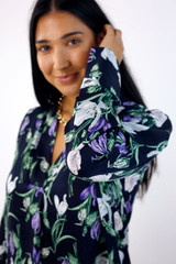 Navy Floral Silky Puff Shirt