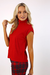 Red Rib High Neck Top