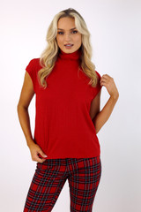 Red Rib High Neck Top
