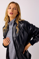 Black Vegan Leather Bomber Jacket