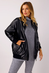 Black Vegan Leather Bomber Jacket