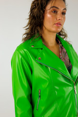 Green Vegan Leather Mid Biker Jacket