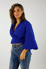 Cobalt Puff Sleeve Tie Shirt