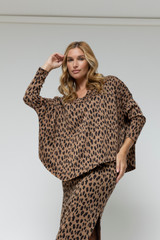 Tan Animal Jacquard V Neck Jumper