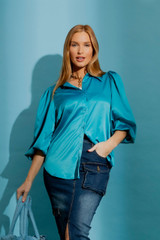 Aqua Silky Balloon Sleeve Shirt