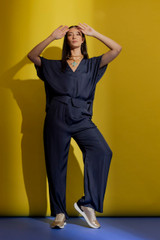 Navy Silky Paperbag Pant