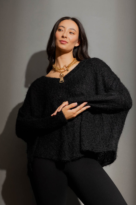 Black Fluffy V Neck Jumper