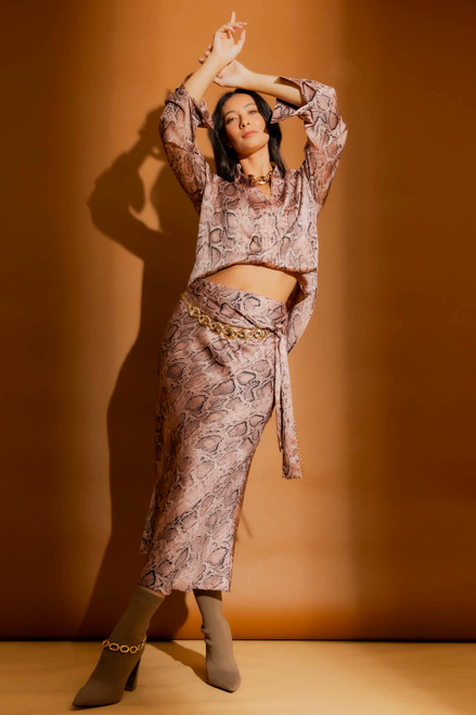 Pink Snake Silky Bias Belted Skirt