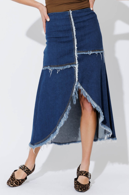Mid Denim Fringe Skirt