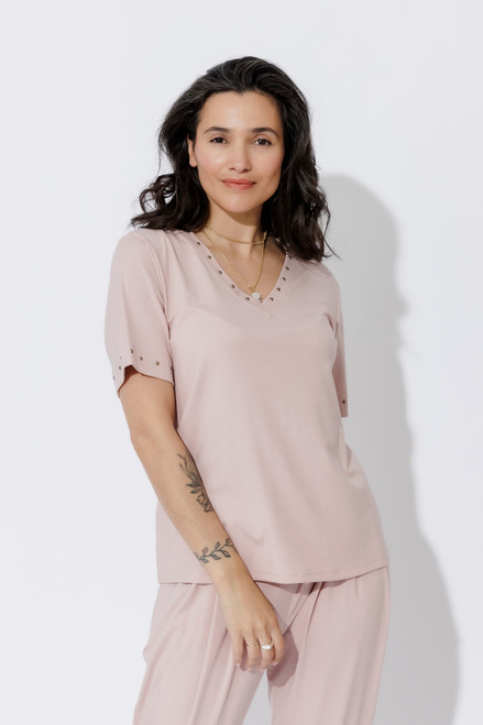 Pink Tencel V-Neck Stud T-Shirt