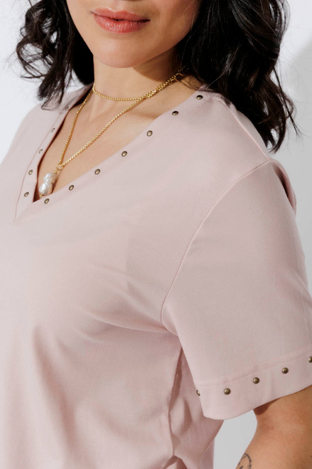 Pink Tencel V-Neck Stud T-Shirt