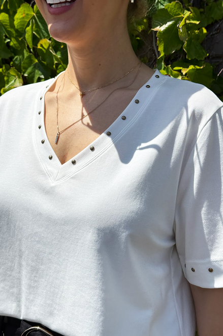 White Tencel V-Neck Stud T-Shirt