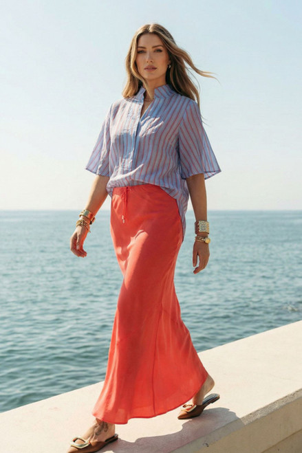 Red/Blue Lyocell Fluted Blogger Shirt