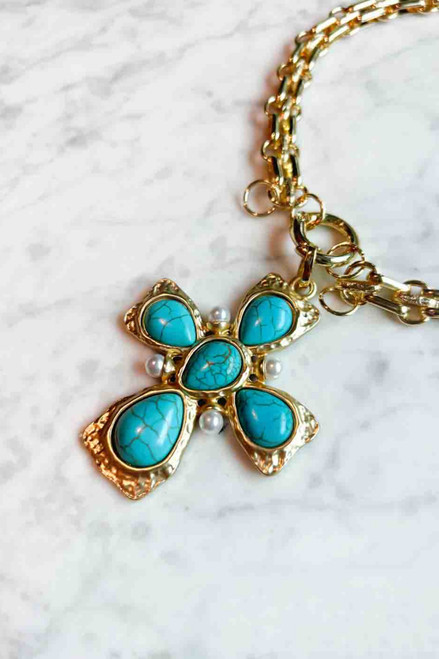 Gold Necklace with Turquoise Cross