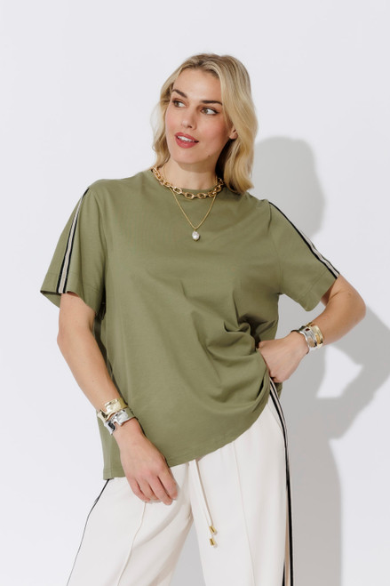 Khaki Oversized Stripe Sleeve T-Shirt