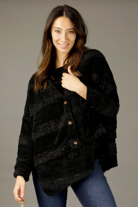 Black Fluffy Stripe Wonder Cardigan