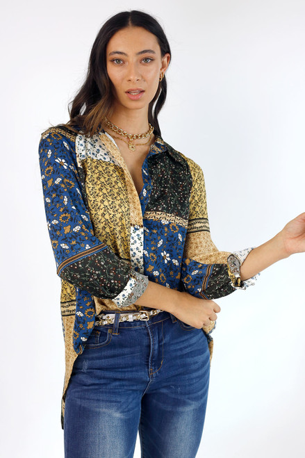 Blue Patchwork Silky Raglan Shirt -  FINAL SALE