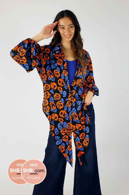 Orange Floral Puff Sleeve Tie Shirt