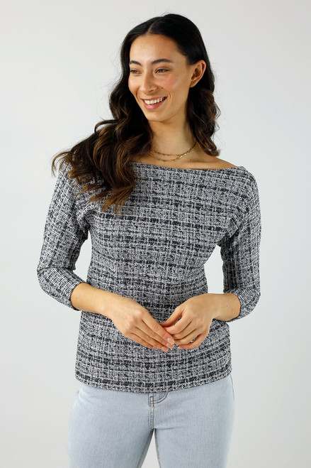 Navy Tweed Boatneck Top