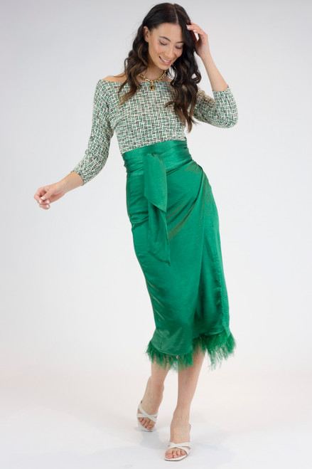 Green Satin Feather Skirt -  FINAL SALE