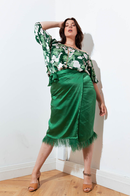 Green Satin Feather Skirt -  FINAL SALE