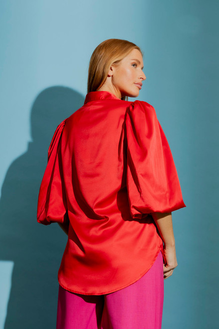 Red Silky Balloon Sleeve Shirt
