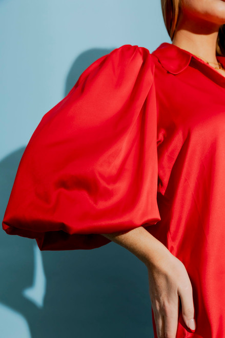 Red Silky Balloon Sleeve Shirt