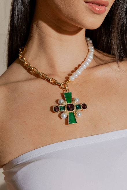 Gold Emerald Star Cross Necklace