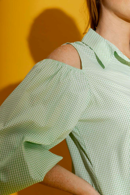 Green Gingham Cold Shoulder Shirt  - FINAL SALE